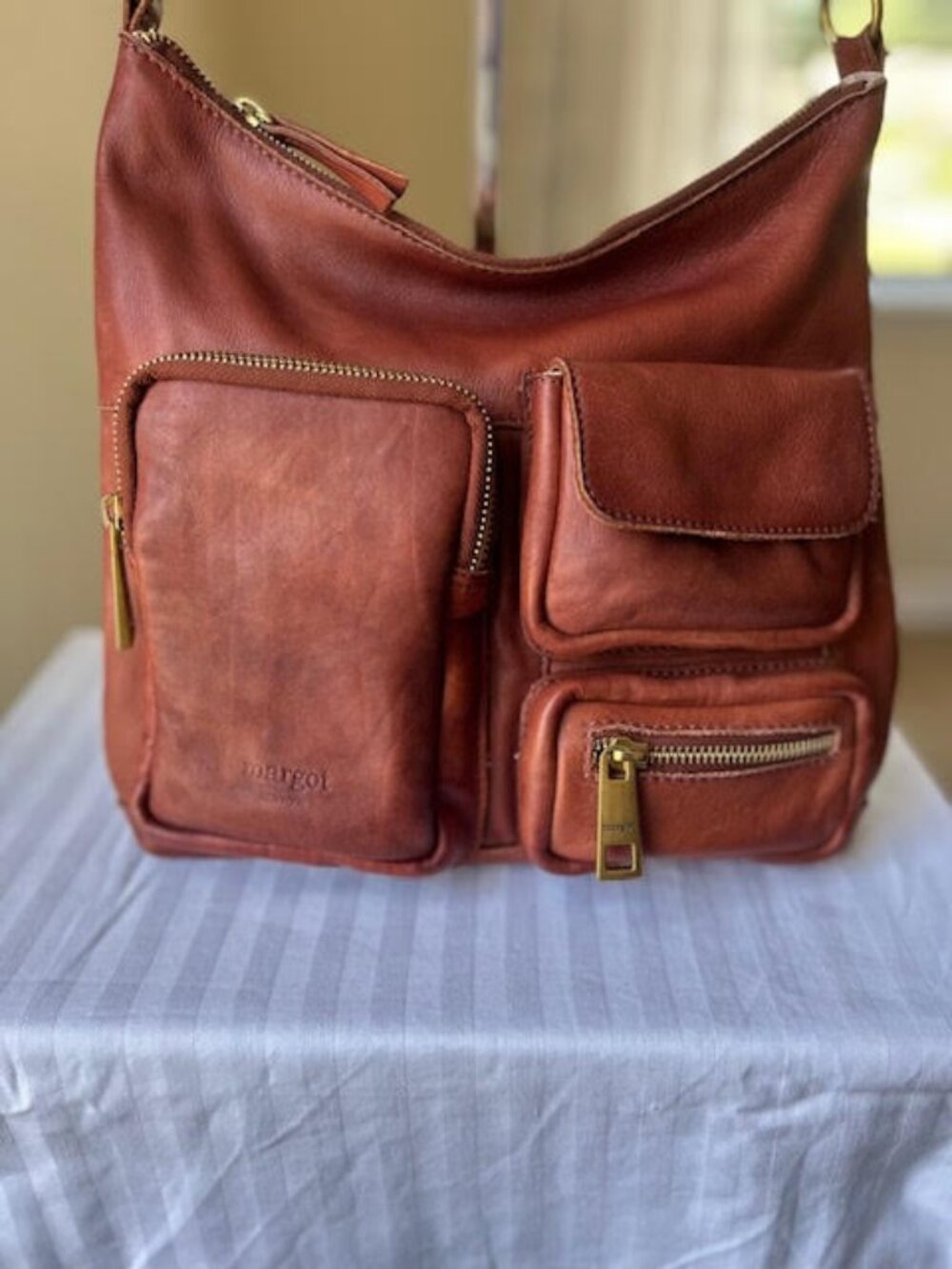 Margot New York Brandy Brown Leather Crossbody Hobo Bag - Picture 4 of 15